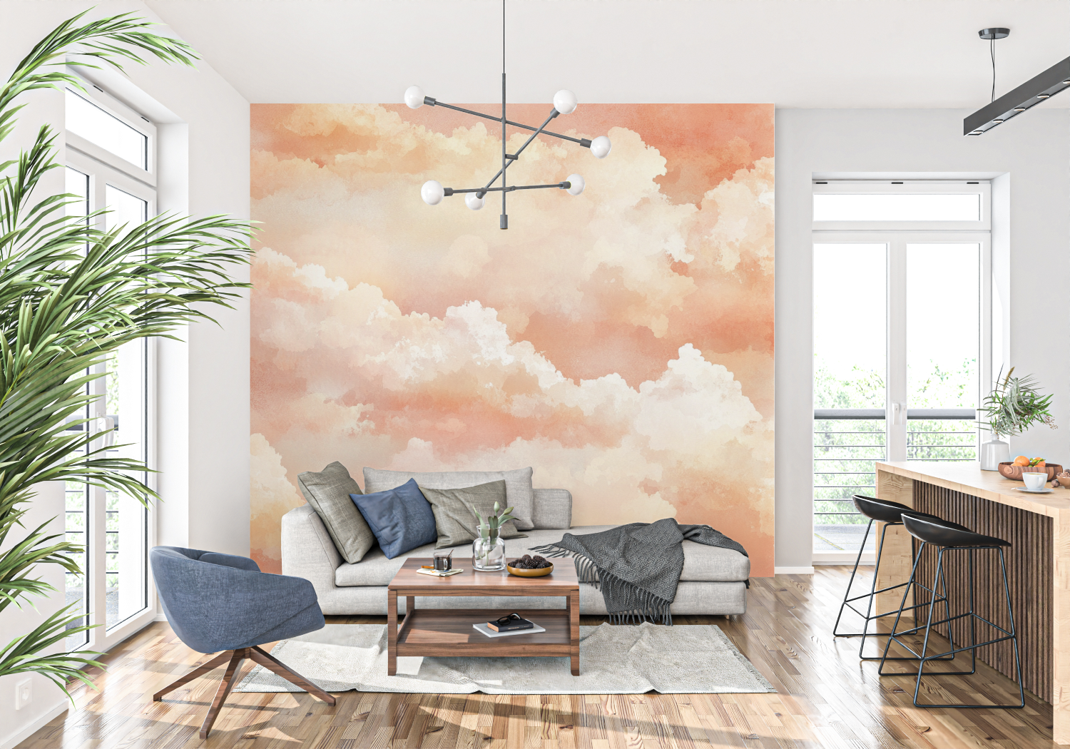 Papier peint terracotta avec nuages aquarelle tapisserie