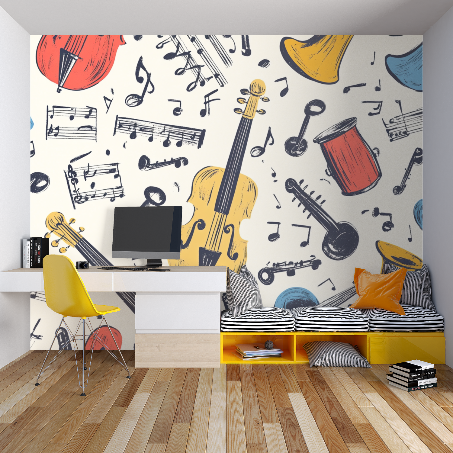Papier peint motif musique chambre garcon lit