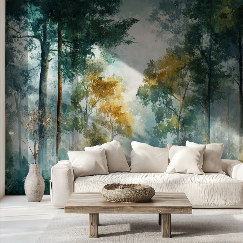 Papier peint arbre foret canape tendance