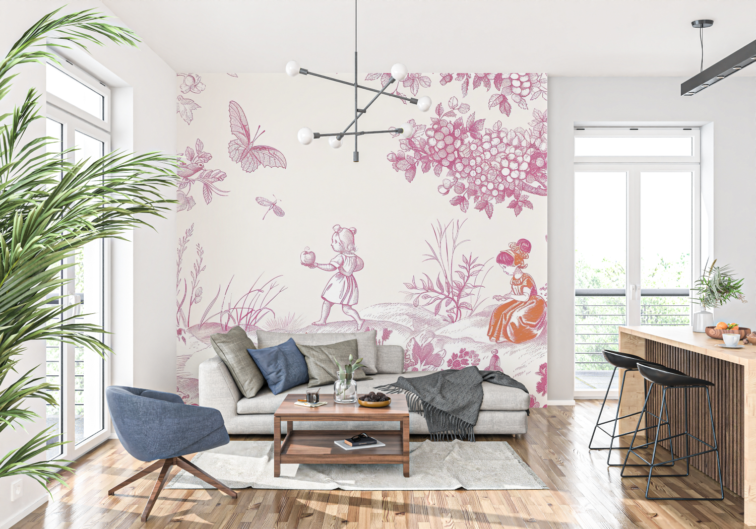 Papier Peint Toile De Jouy Enfant Rose - trompe l'oeil