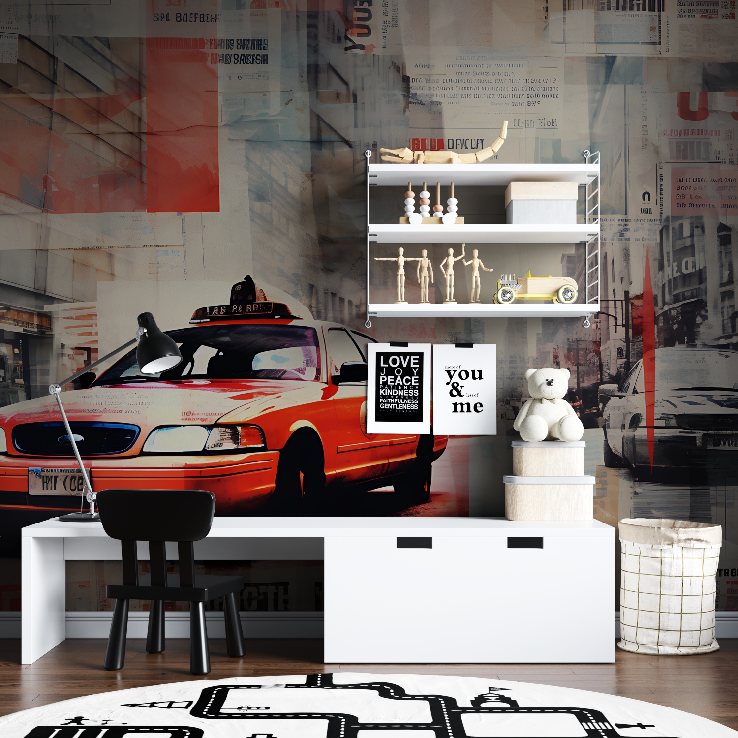 Papier peint noir et blanc collage voiture tapisserie garcon