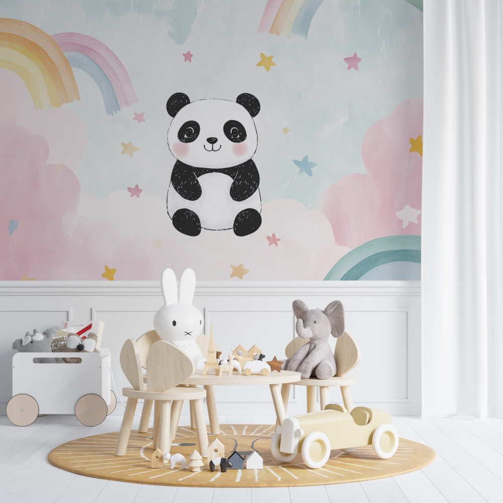 Papier peint panda et arcs en ciel pastel chambre de bebe