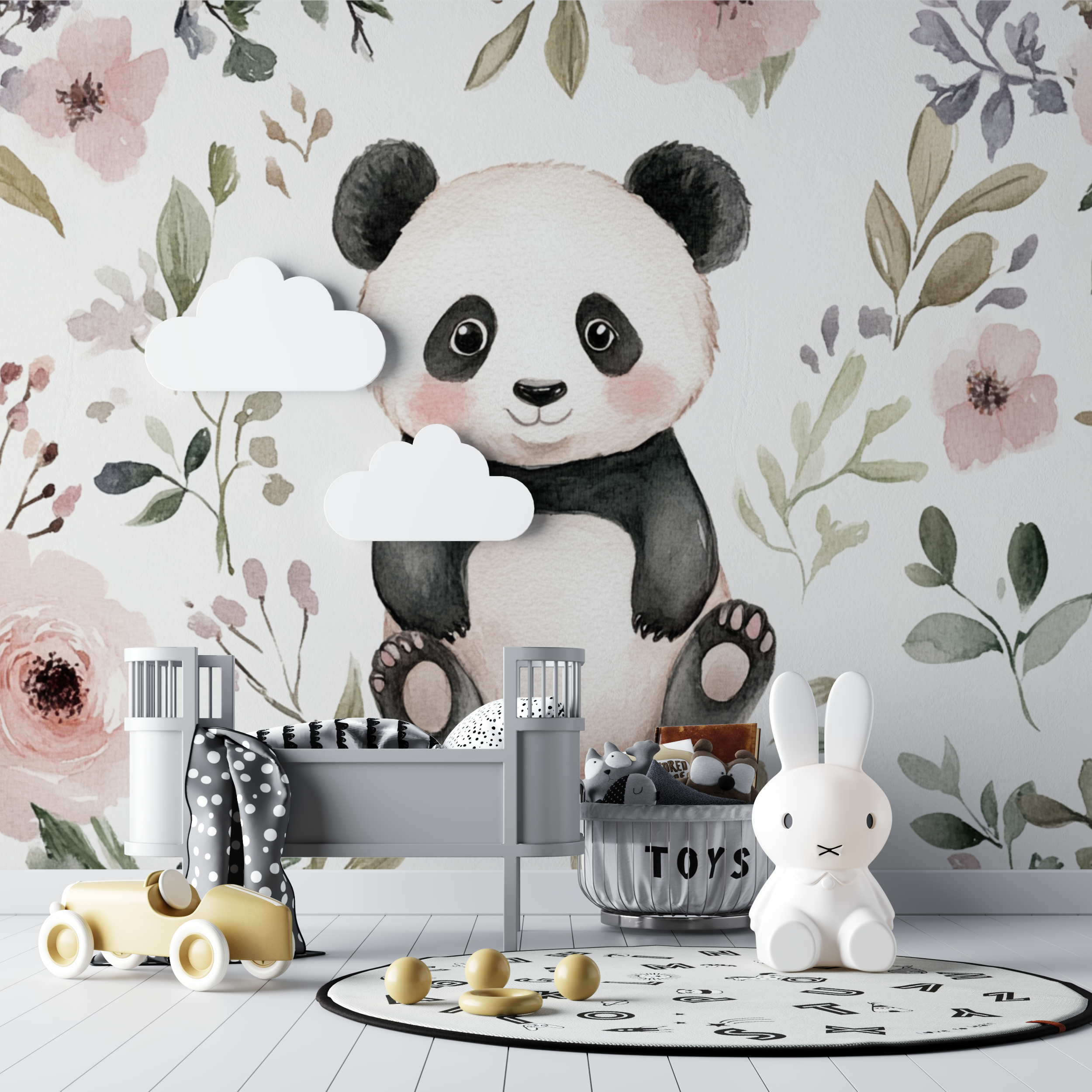 Papier peint panda et fleurs sauvages bebe tipi