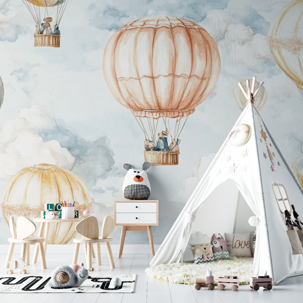 Papier peint montgolfiere vintage en aquarelle chambre bebe