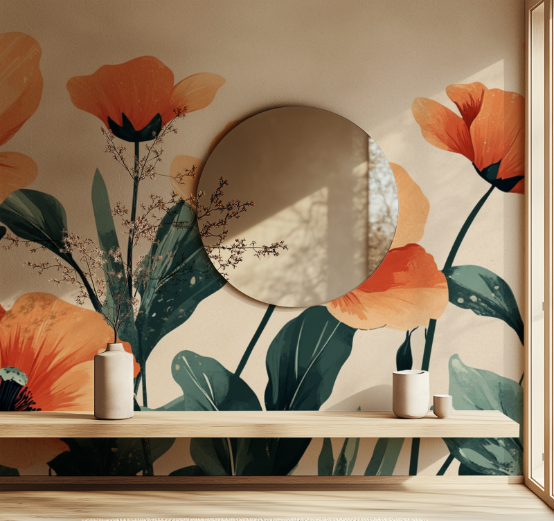 Papier peint vintage fleurs oranges miroir