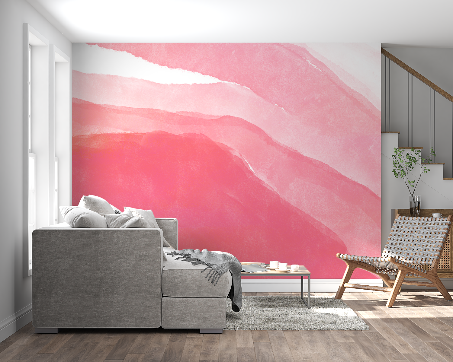 Papier peint aquarelle rose fonce panoramique mural