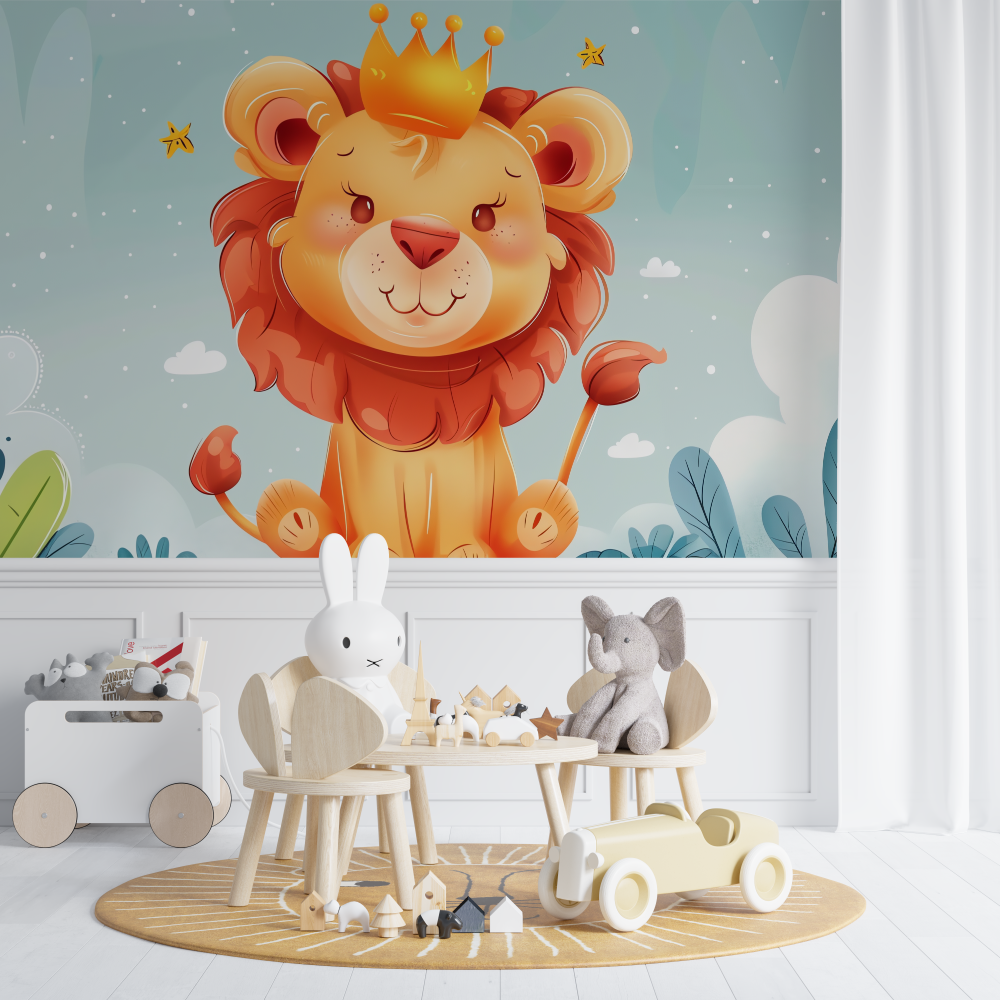 Papier peint lion couronne chambre de bebe