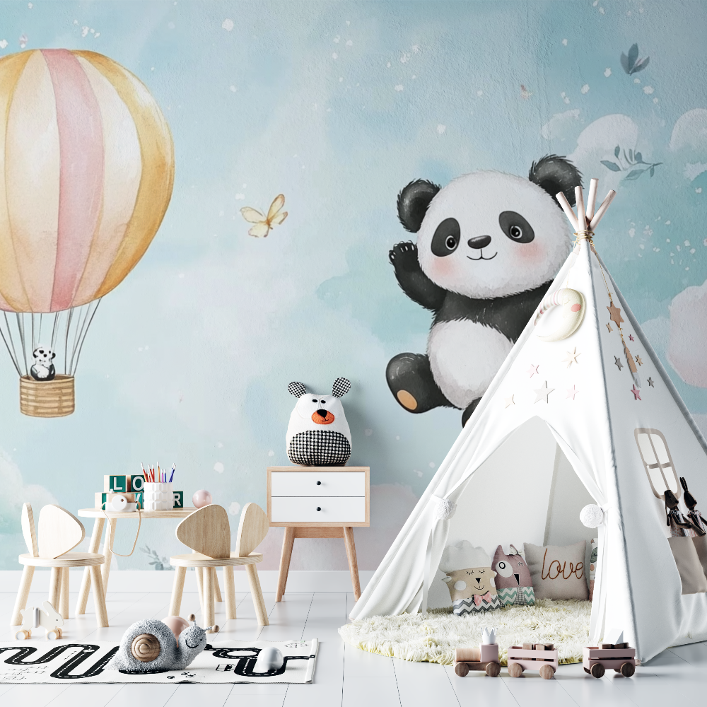 Papier peint panda et montgolfiere chambre bebe