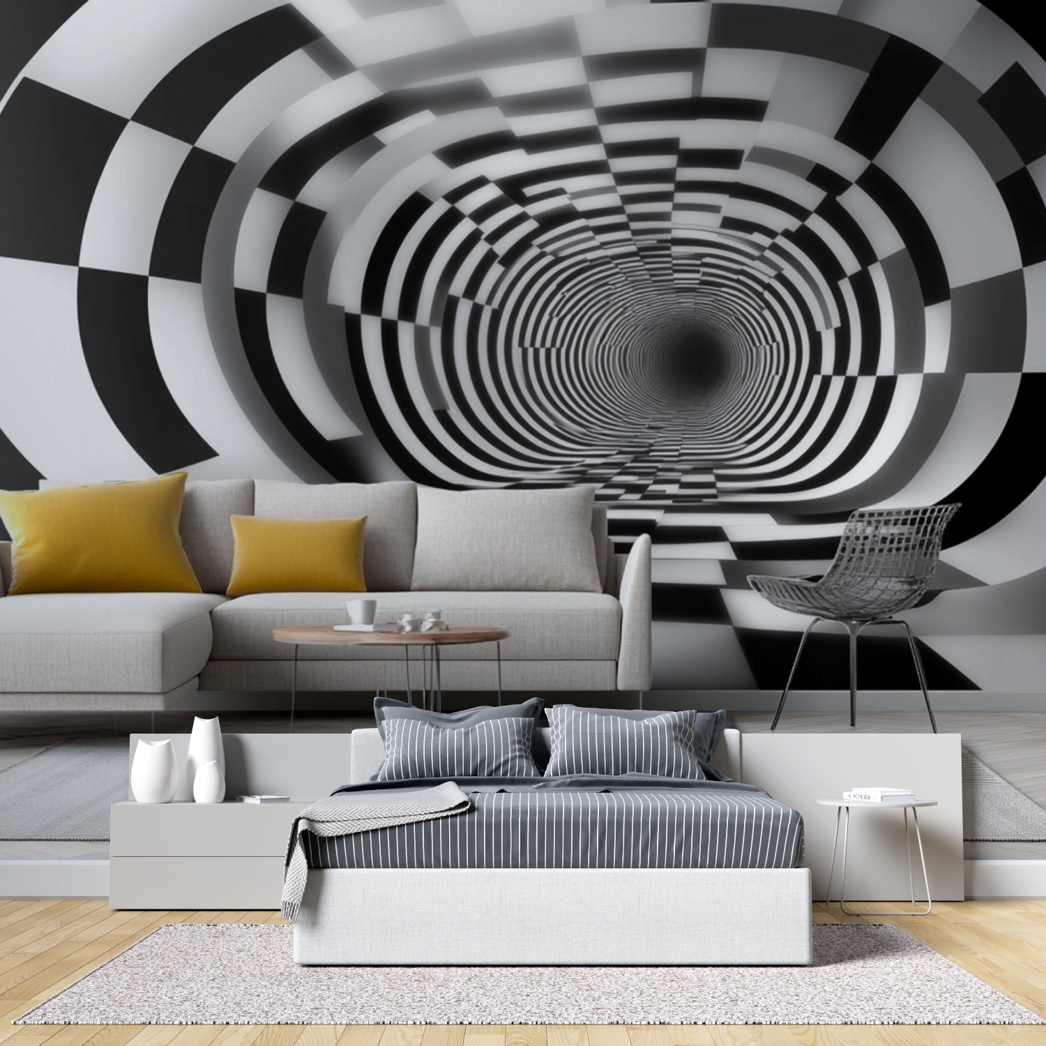 Papier peint trompe loeil couloir tete de lit