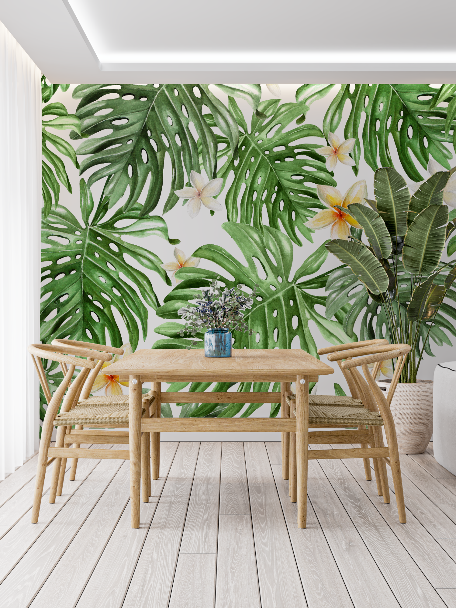 Papier Peint Feuillage Vert Et Blanc - trompe l'oeil