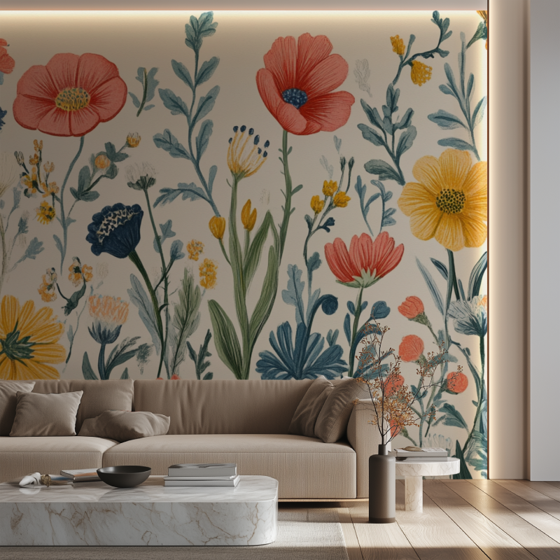 Papier peint fleur naives canape neon