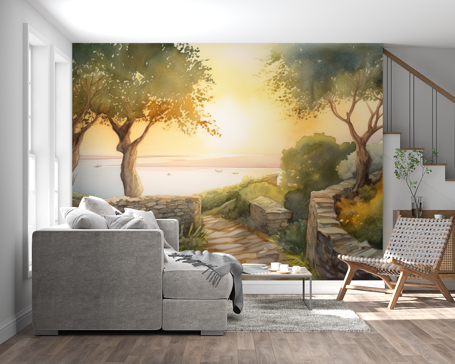 Papier peint aquarelle mediterraneen panoramique mural