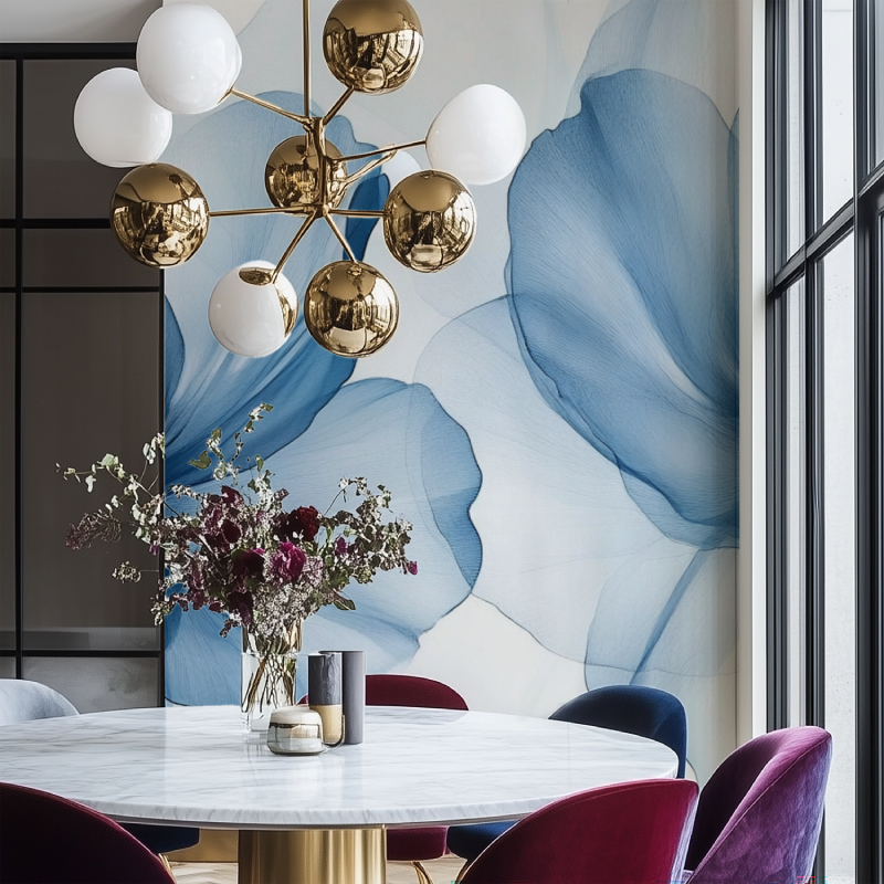 Papier peint fleur bleu salon chaise