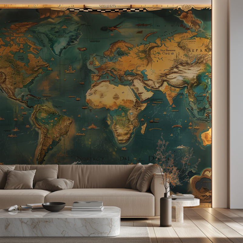 Papier peint carte du monde antique canape neon