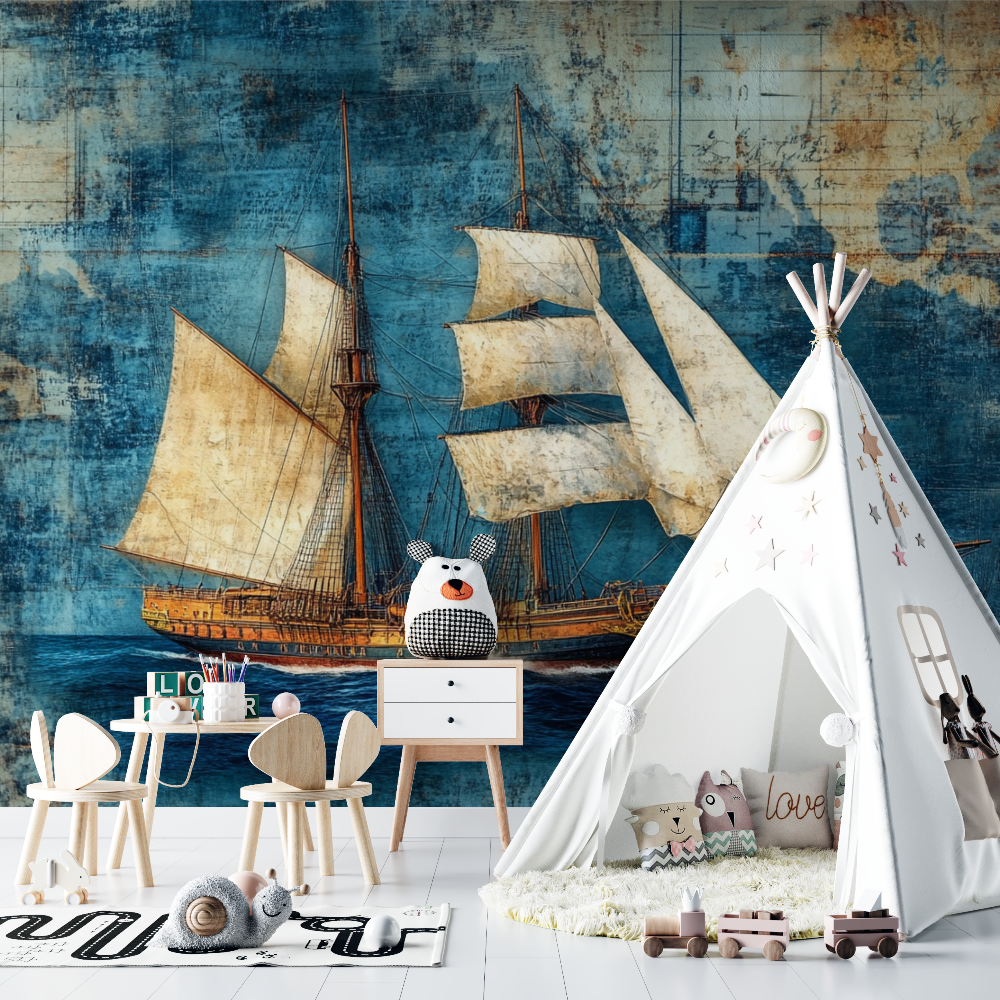 Papier peint marin voilier retro chambre bebe