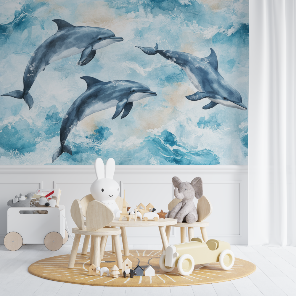Papier peint marin aquarelle dauphins joyeux chambre de bebe