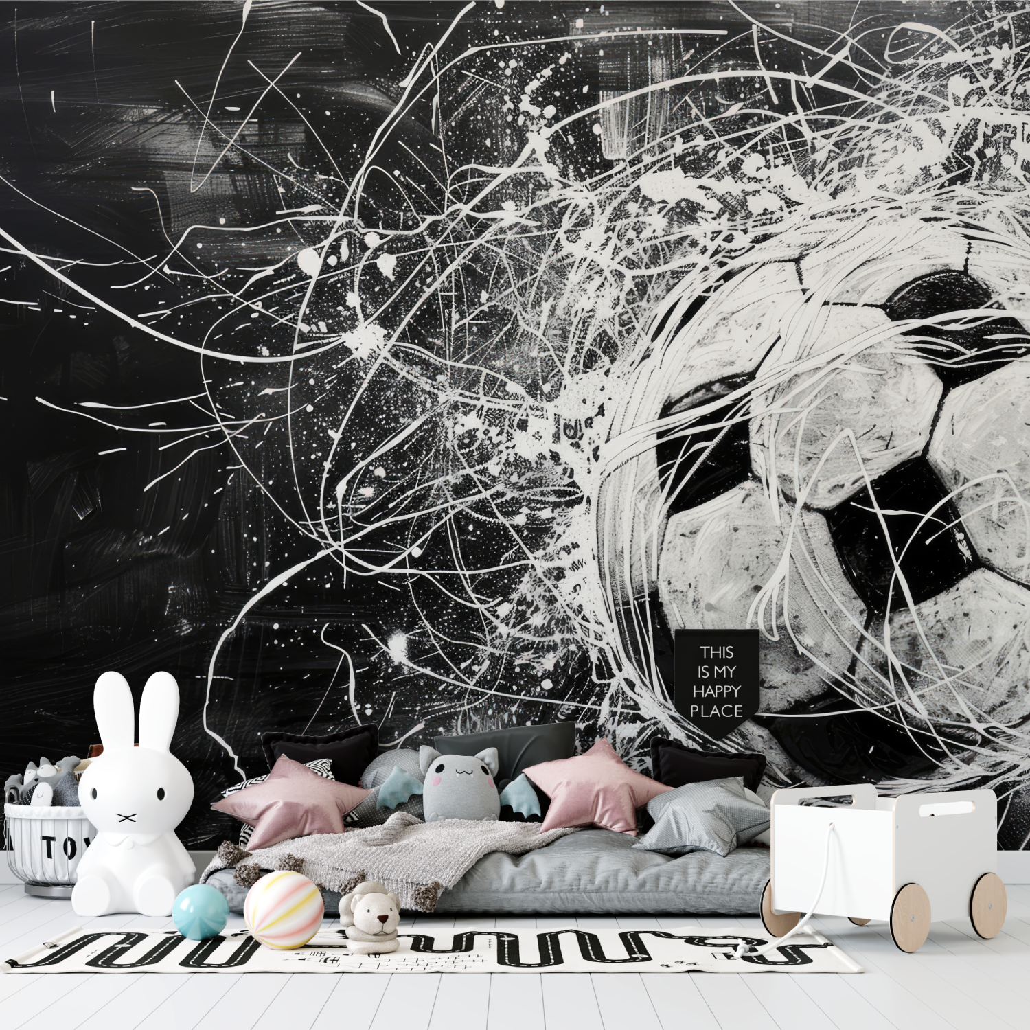 Papiers peint ballon de foot noir et blanc tapisserie garcon