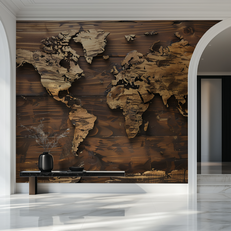 Papier peint carte du monde effet bois salon beau
