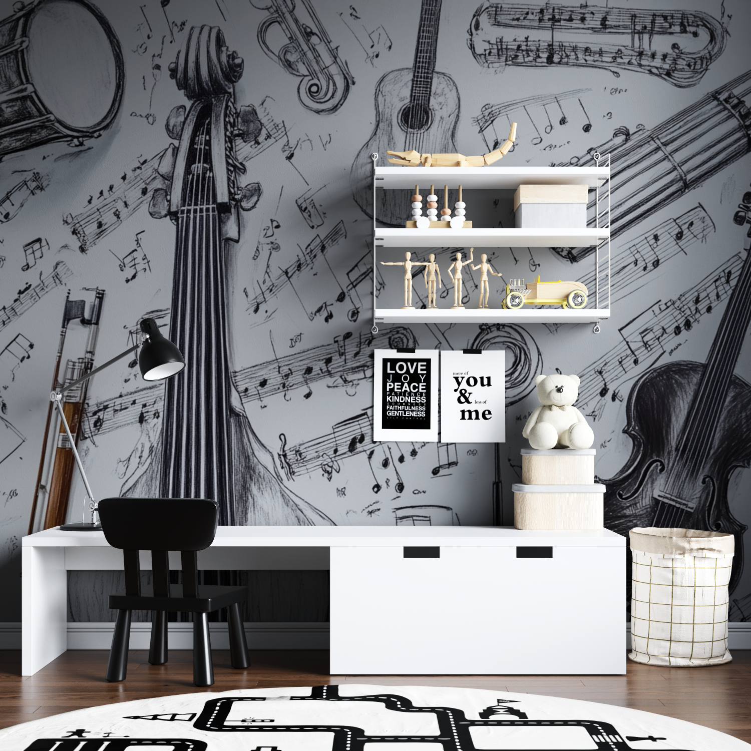 Papier peint instruments noir et blanc tapisserie garcon