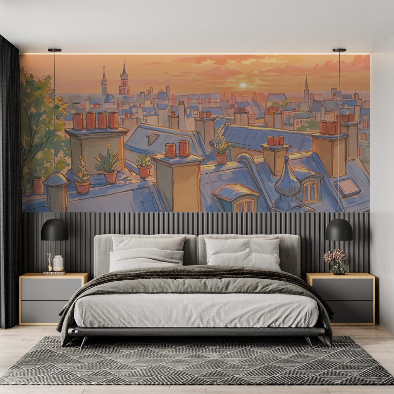 Papier peint aquarelle toits de paris mural adulte