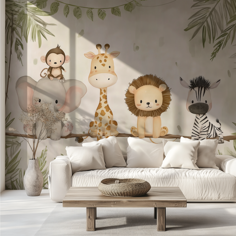 Kid animials safari mural wallpaper canape tendance