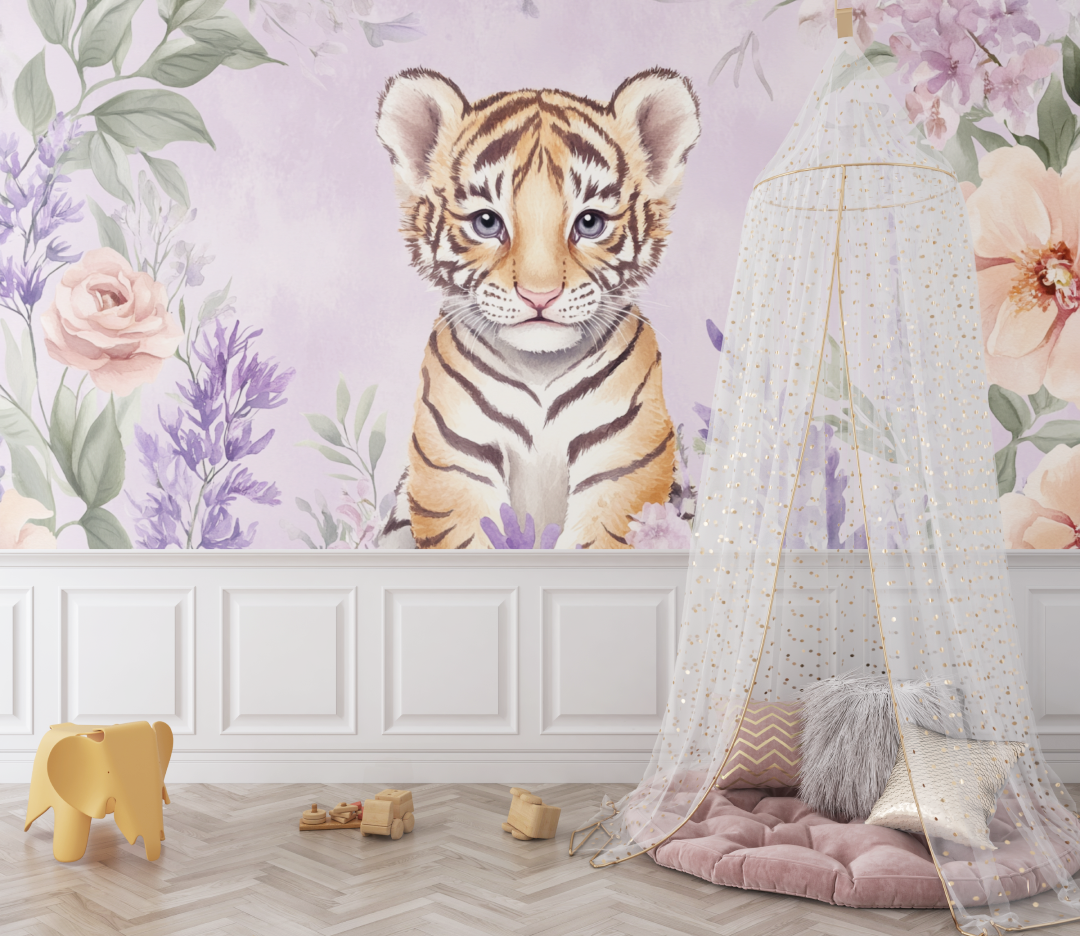 Papier peint tigre et fleurs delicates bebe