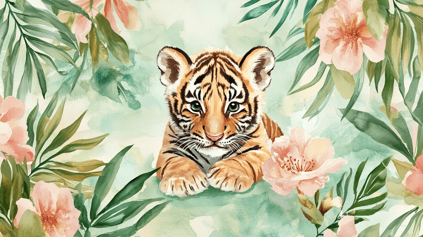 Papier Peint Tigre Et Feuillage Aquarelle