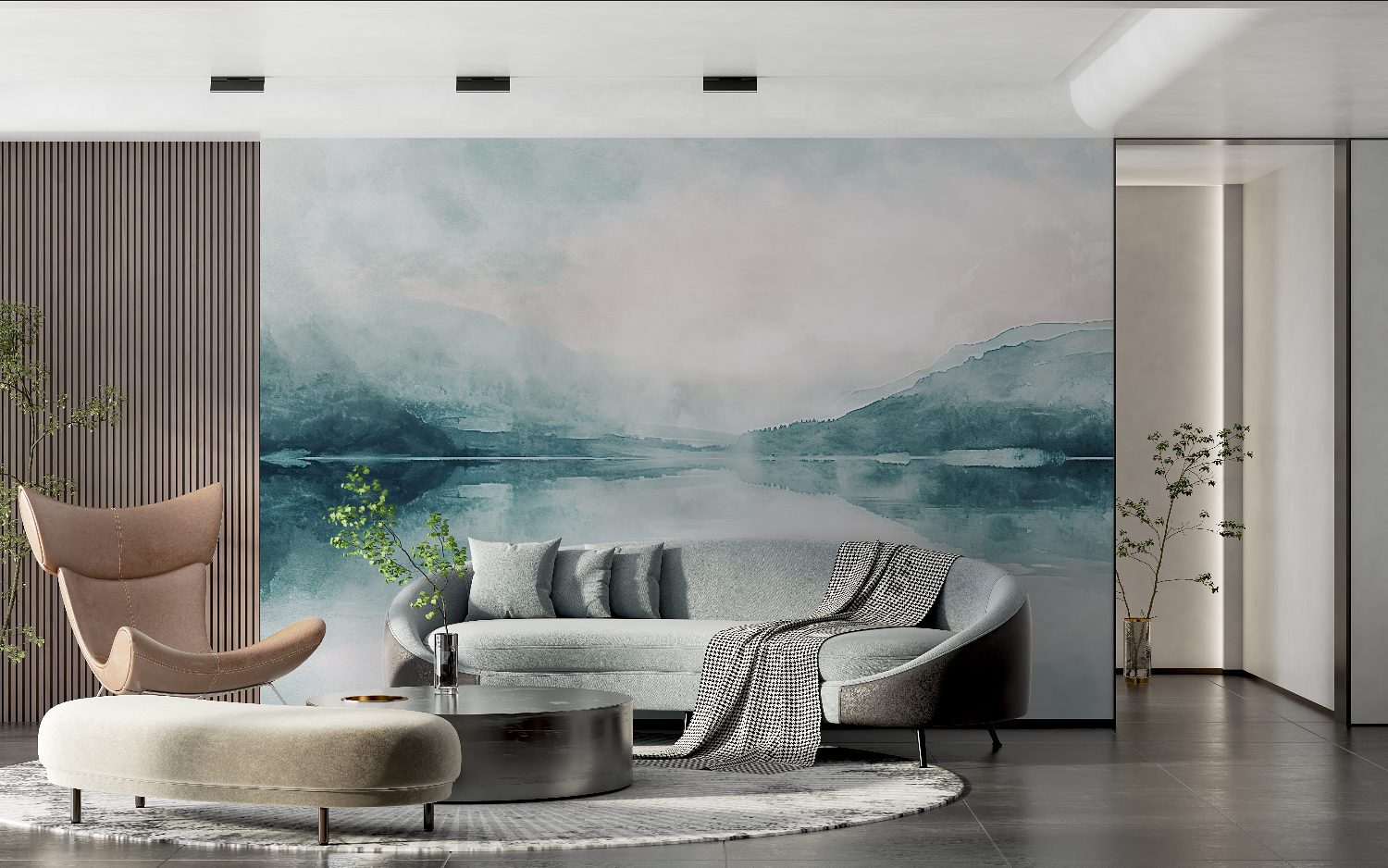 Papier peint aquarelle lac brumeux tendance 2024