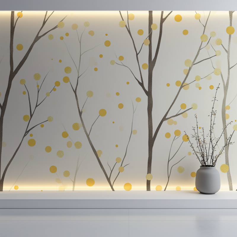 Papier peint arbre jaune a pois mur blanc