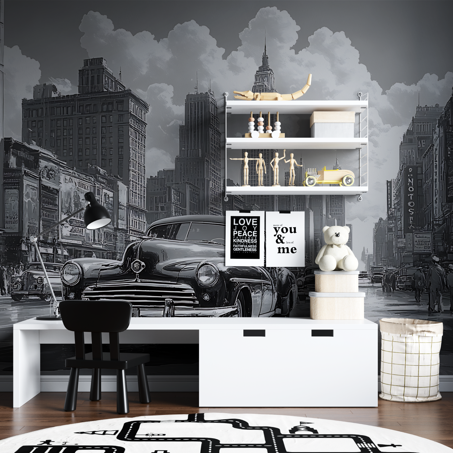 Papier peint noir et blanc voiture usa tapisserie garcon