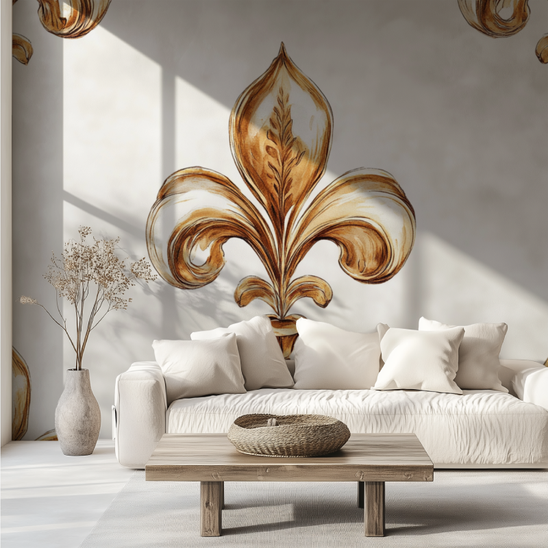 Papier peint fleur de lys fond blanc canape tendance