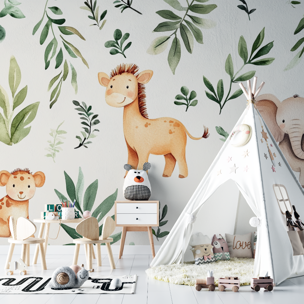 Papier peint safari girafe et elephan chambre bebe
