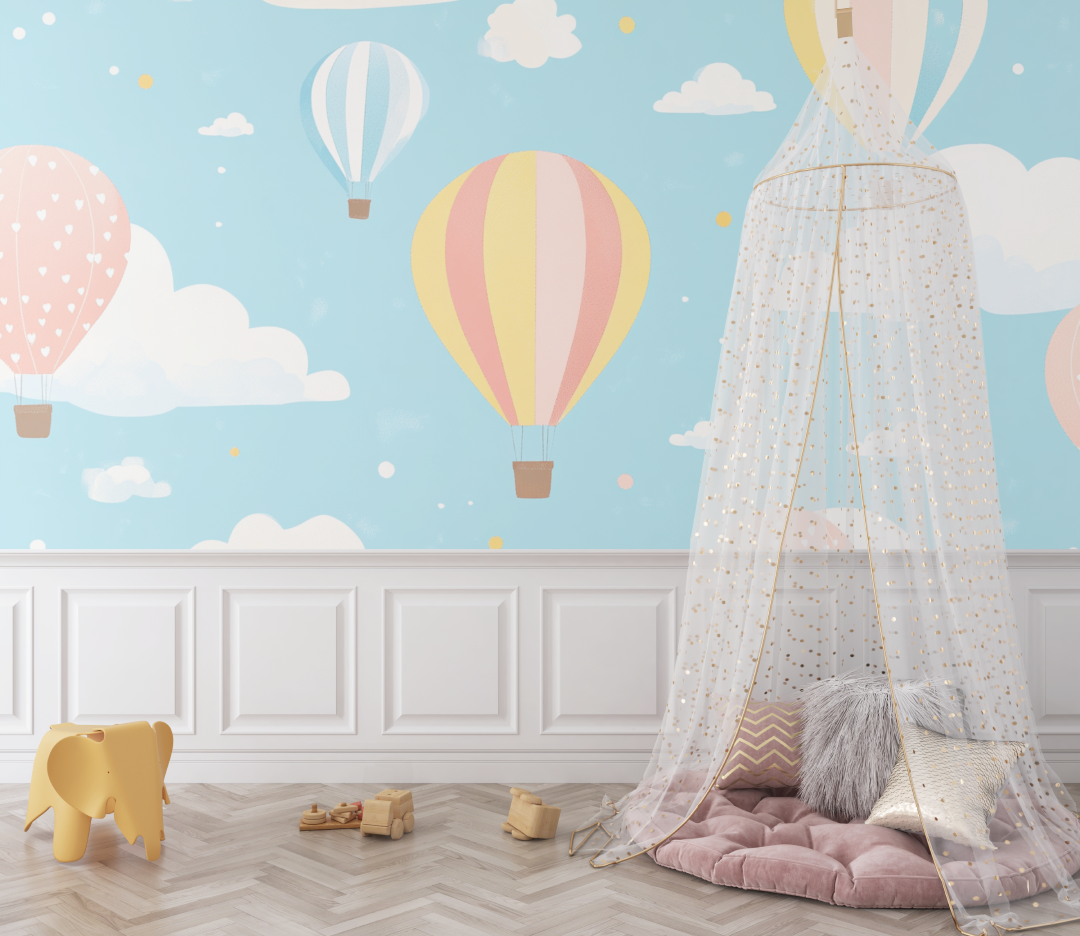 Papier peint montgolfiere et ciel etoile bebe