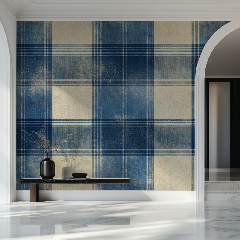 Papier peint vintage tartan bleu salon beau