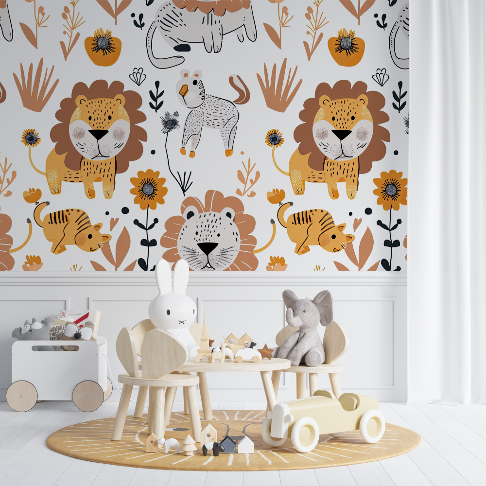 Papier peint lion et motifs nordiques chambre de bebe