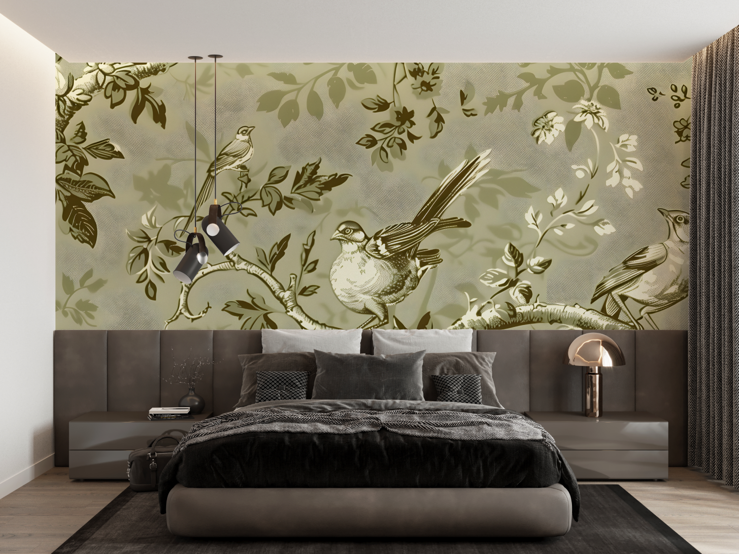 Papier Peint Toile De Jouy Branche Oiseau - trompe l'oeil