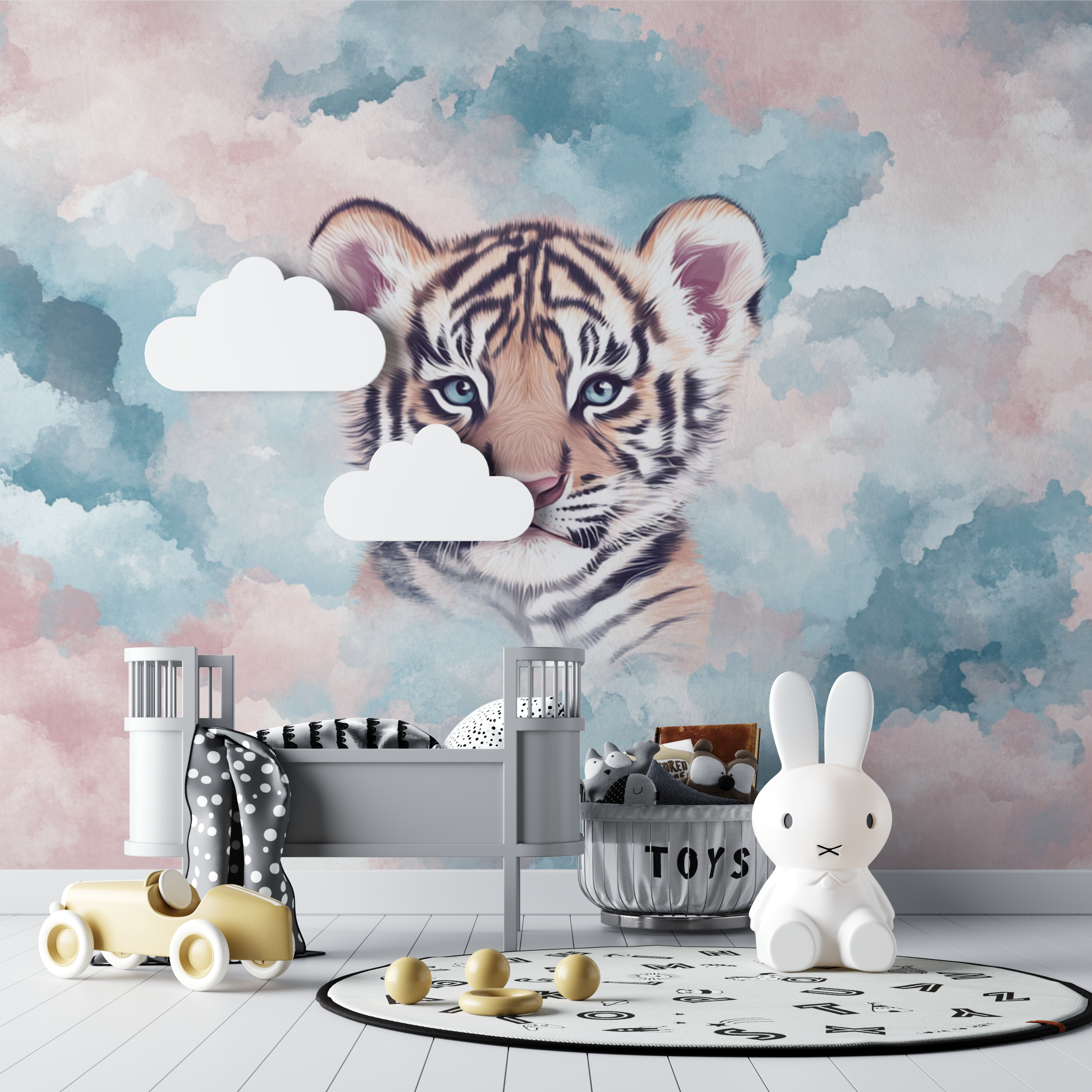 Papier peint tigre et nuages pastel bebe tipi