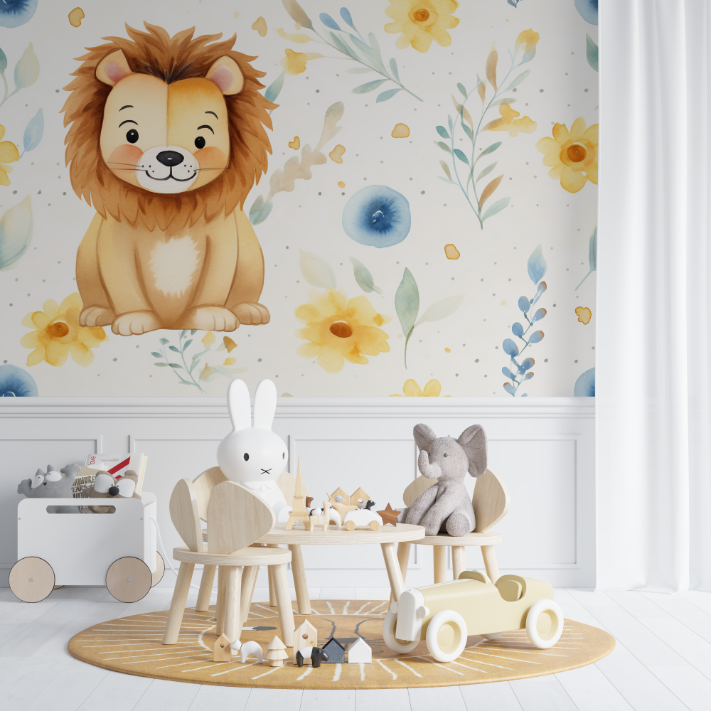Papier peint lion et motifs minimalistes chambre de bebe