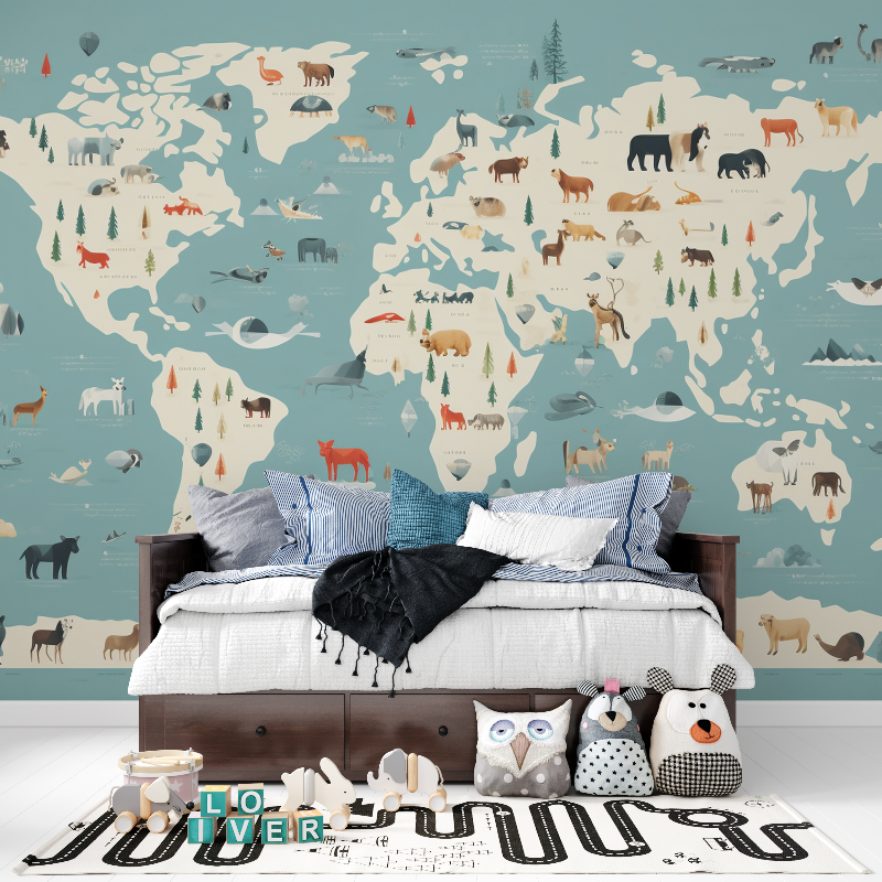 Papier peint carte du monde ani... enfant panoramique garcon