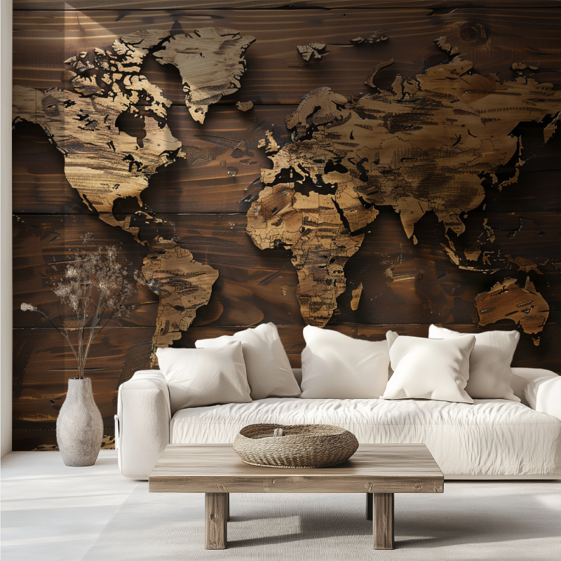 Papier peint carte du monde effet bois canape tendance