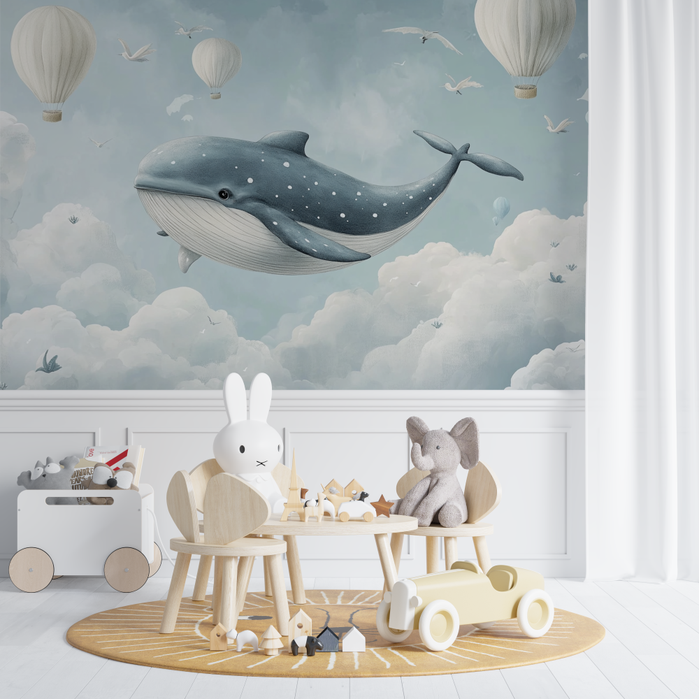 Papier peint marin baleine grise nuage chambre de bebe