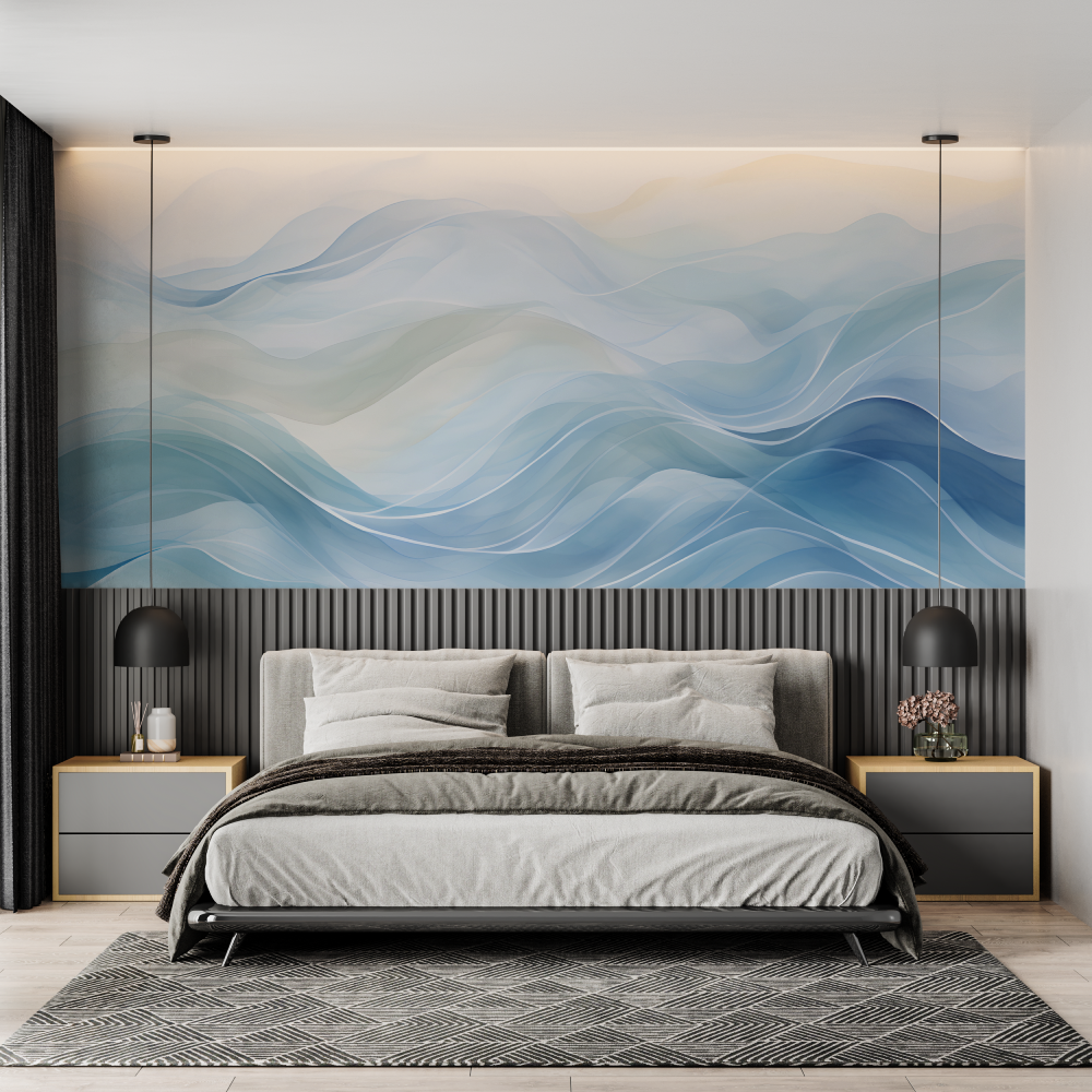 Papier peint aquarelle vague bleu chambre adulte
