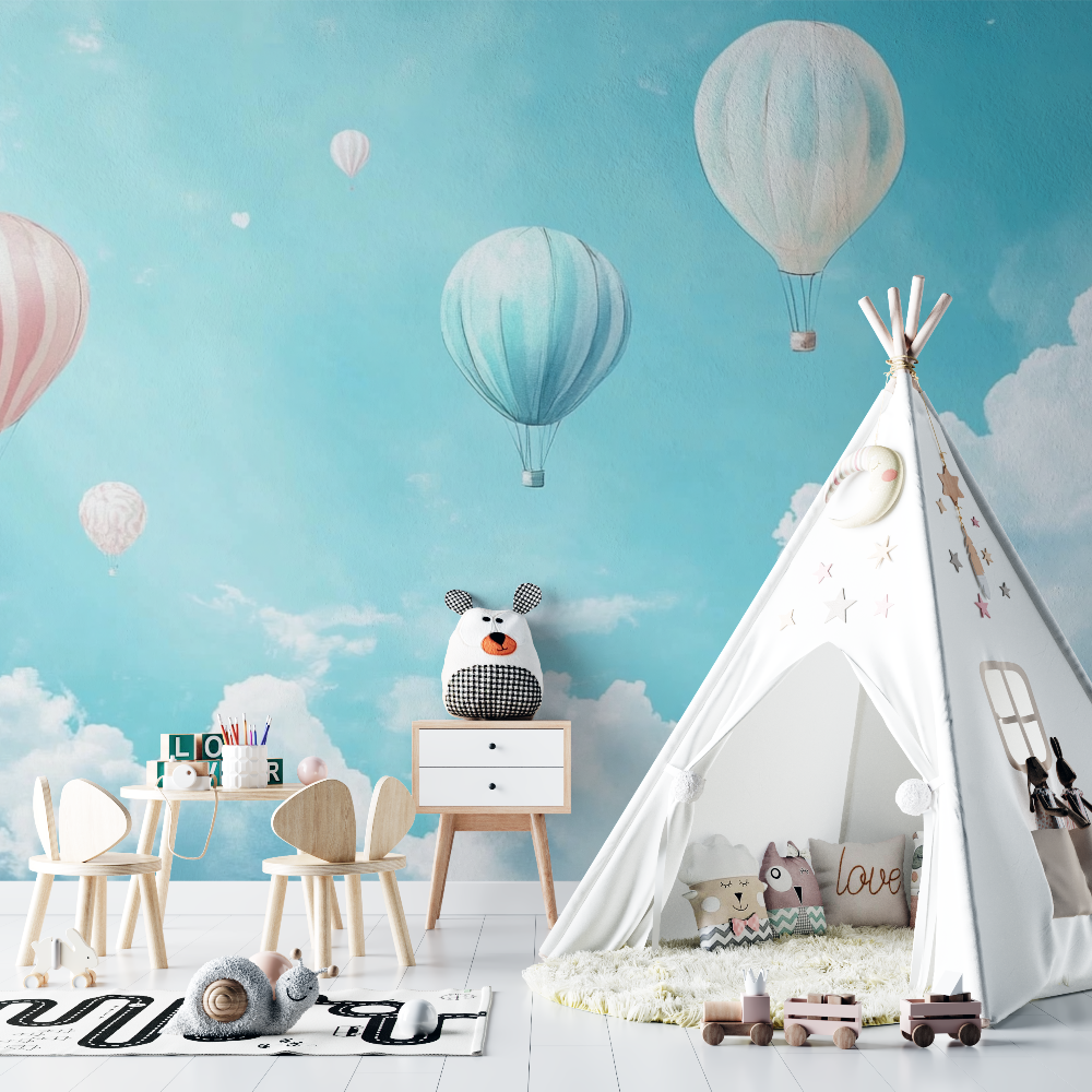 Papier peint montgolfiere et ciel bleu pastel chambre bebe