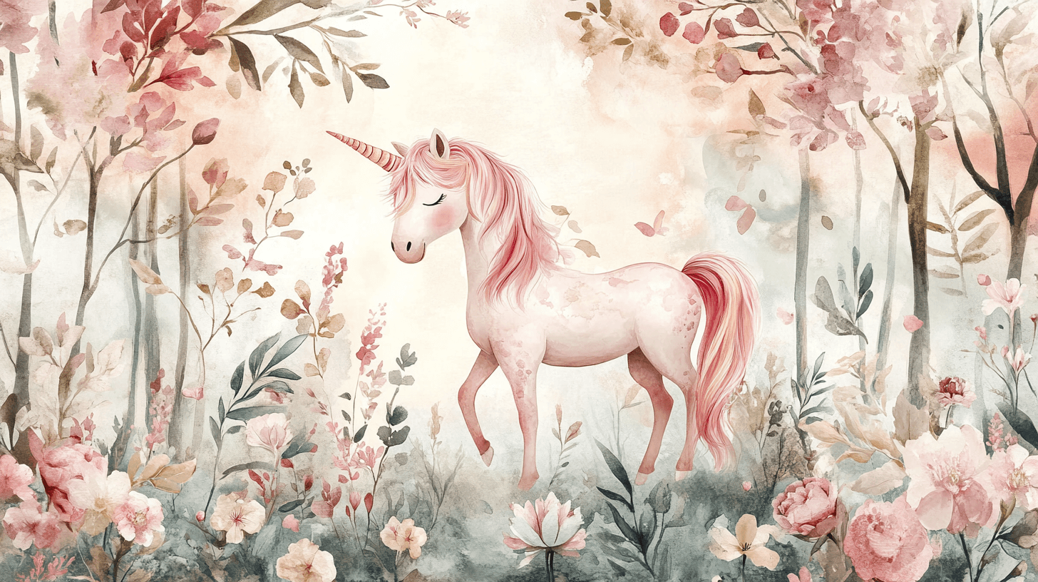 Papier Peint Licorne Forêt Ballade Forêt Rose
