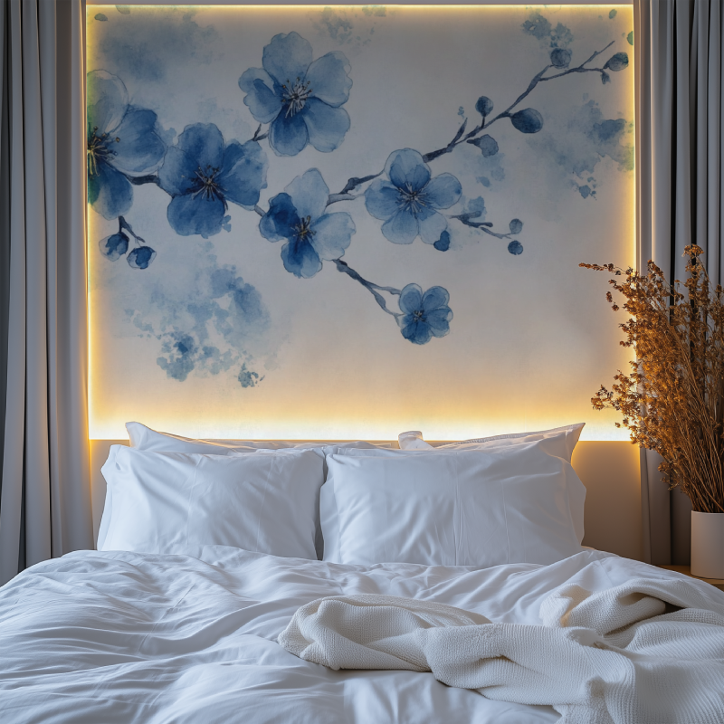 Papier peint fleur de cerisier bleu chambre tendanc