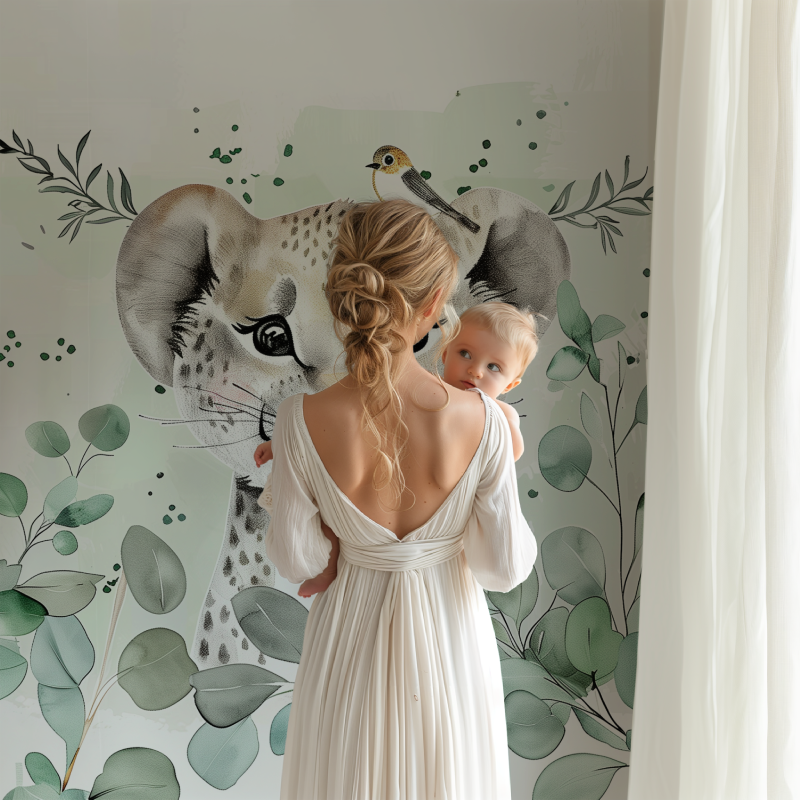 Papier peint animaux vert deau enfant bb123