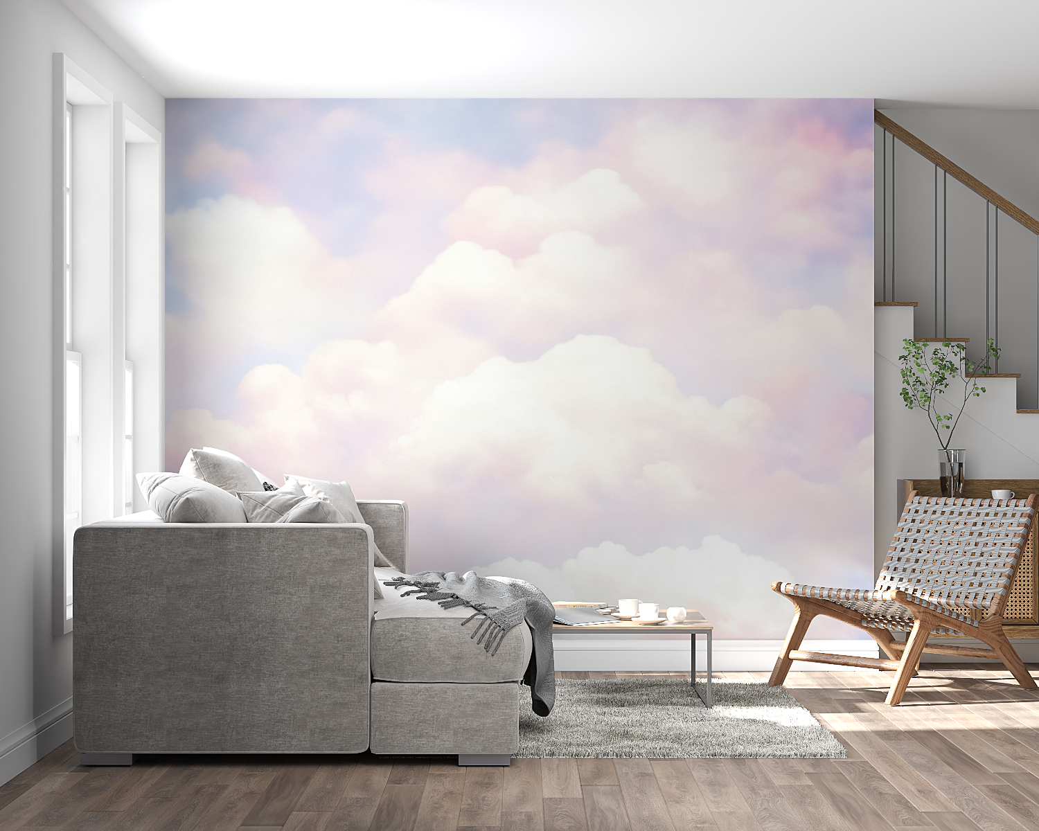 Papier peint aquarelle nuages doux panoramique mural