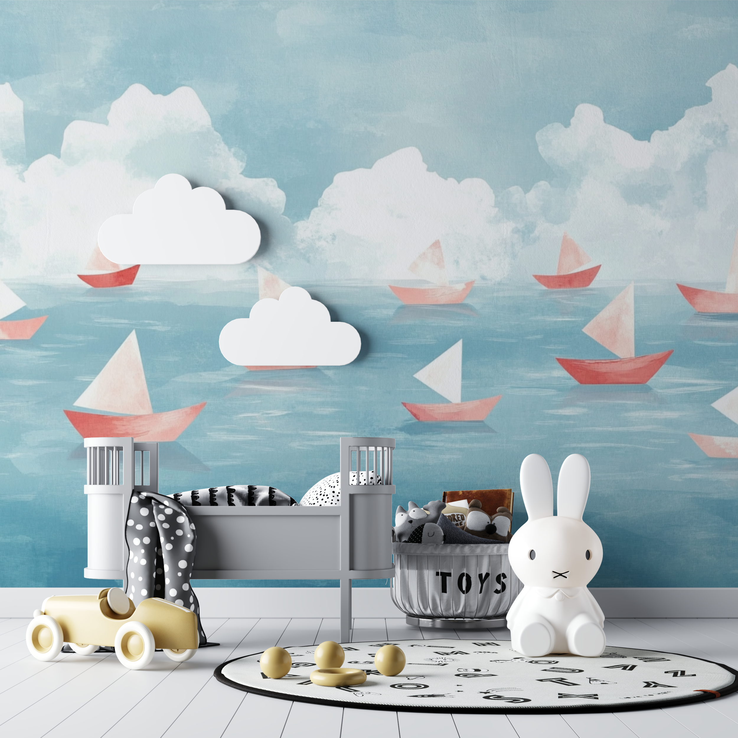 Papier peint marin bateaux en papier et ocean doux bebe tipi