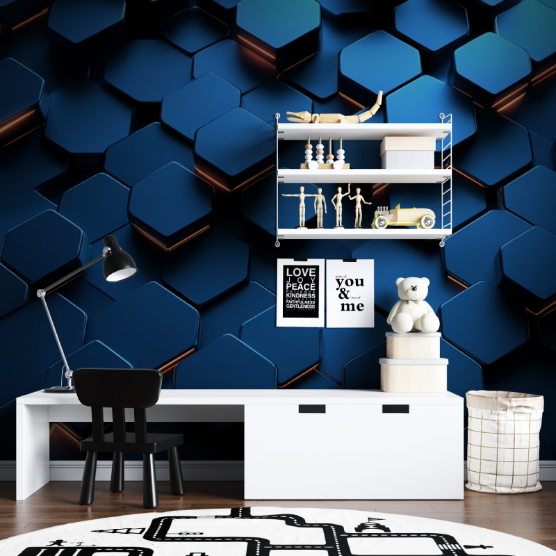 Papier peint gamer hexagones bl...ce tapisserie chambre ados