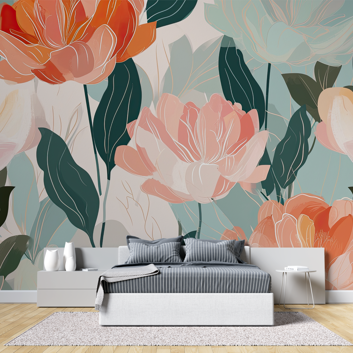Papier peint aquarelle design floral tete de lit